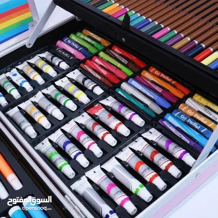 طقم الوان رسم للاطفال كافه انواع الالوان المائيه والشمعيه والخشبيه  والماجيك وادوات الرسم 145 قطعه