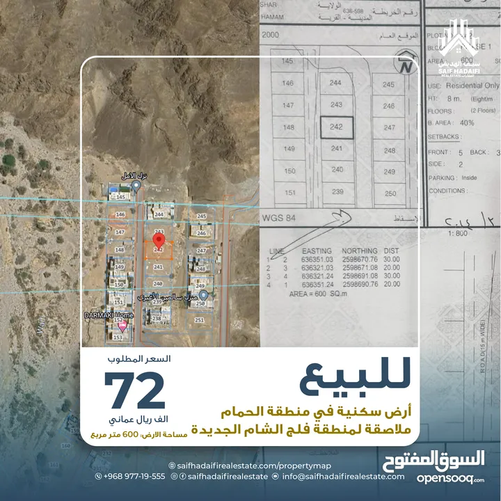 للبيع: أرض سكنية في منطقة الحمام ملاصقة لمنطقة فلج الشام الجديدة