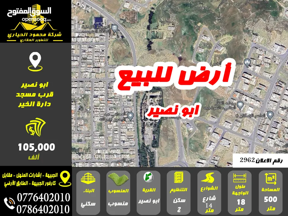 رقم الاعلان (2962) ارض سكنية للبيع في منطقة ابو نصير
