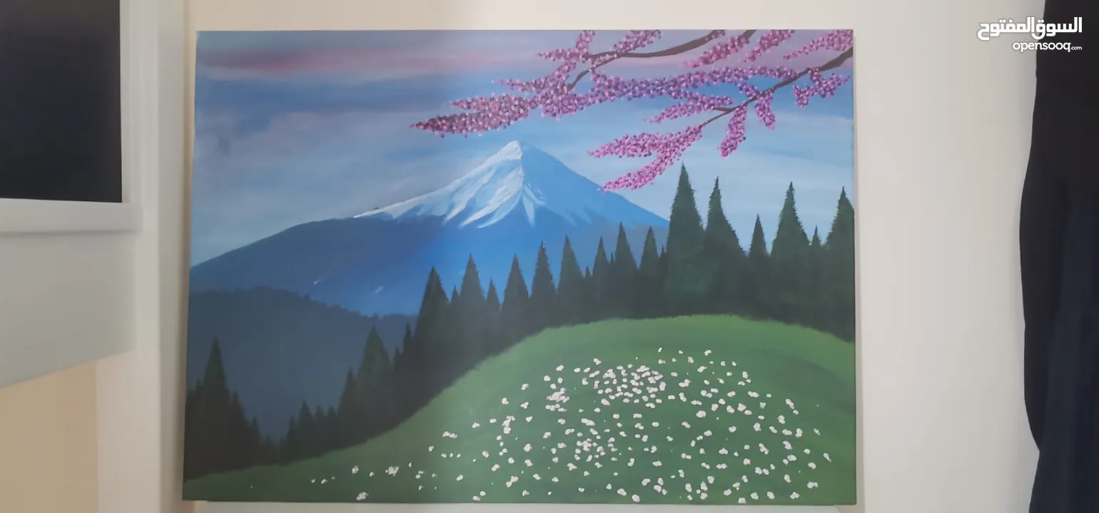 لوحة جبلية فنية بألوان هادئة – رسم يدوي مميز - رسم لوحات