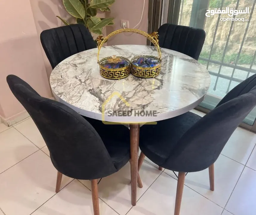 طاولة سفرة دائرية مع 4 كراسي سطح الطاولة خشب ملبس فورمايكا – مقاوم للخدوش وسهل التنظيف