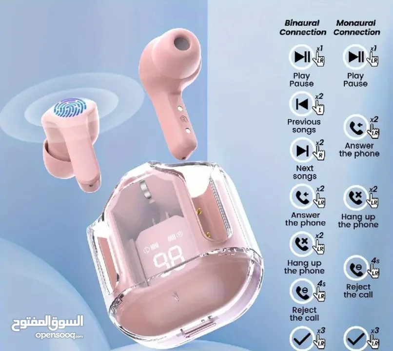 سماعات أذن لاسلكية صغيرة TWS MINI - تصميم شفاف مع شاشة LED، ميكروفون لتقليل الضوضاء، بطارية ليثيوم ق