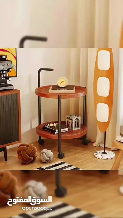 طاولة جانبية متحركة مع بكرات – طاولة قهوة دائرية  طاولة قهوة صغيرة بعربة من طبقتين بتصميم