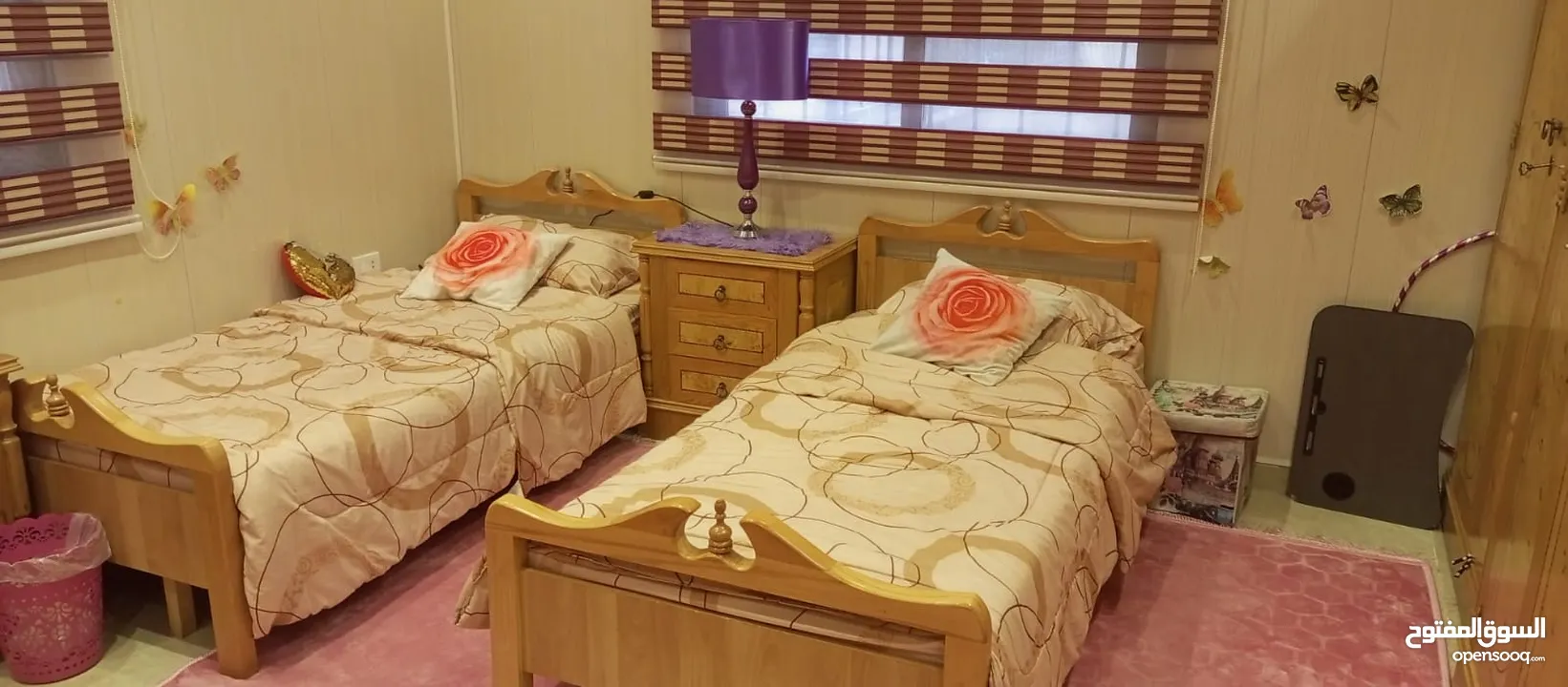 غرفة نوم سريرين وخزانة وتواليت وكمدينو 2 .... خشب لاتيه 18 قشرة زيتون