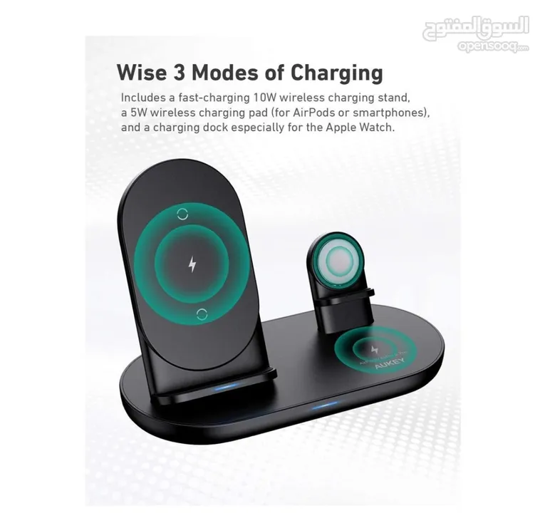 شاحن لاسلكي جديد غير مستخدم  Aukey 3-in-1 Wireless Charging Station, Black, LC-A3
