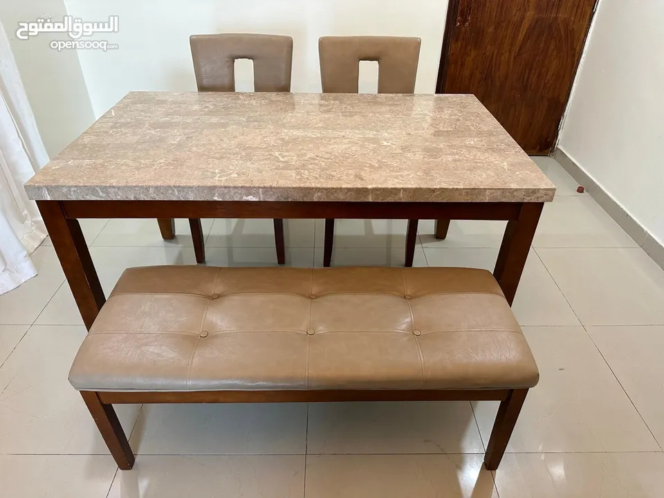 Marble top dining table and chairs (2 normal and 2 child high chairs)