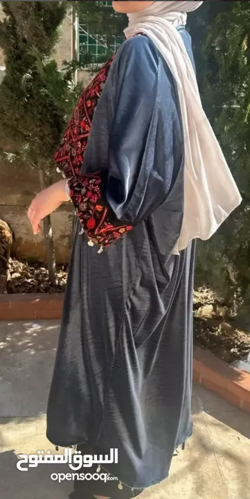 Dark Navy Abaya with Traditional Red Palestinian Embroidery - Free Size
