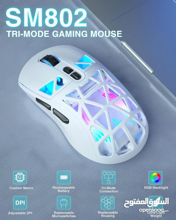 SOLAKAKA SM802 RGB Tri-Mode Gaming Mouse ماوس لاسلكي جيمنغ