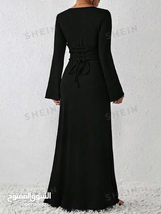 New Lace-Up Black Maxi Dress / L