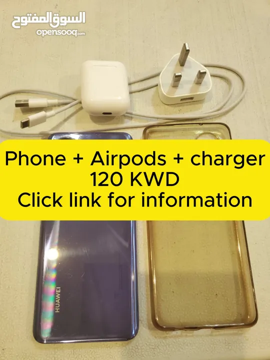 Huawei nova Y70 + Apple Air pods + charger + cover