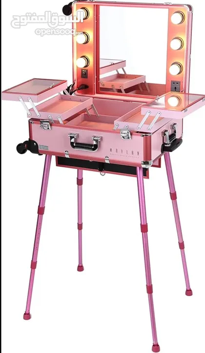 MAYLAN Makeup Train Stand Case With Pro Studio Artist Trolley And Lights, Pink