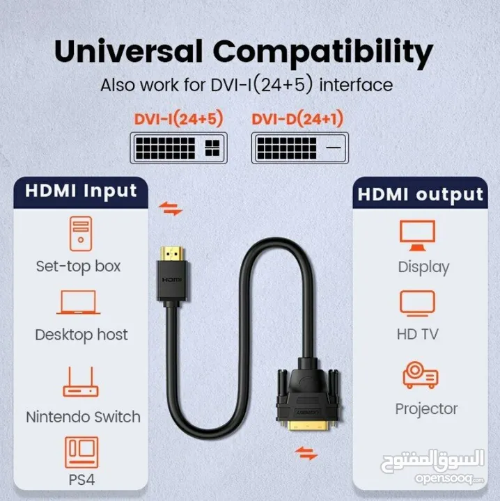 UGREEN HDMI to DVI D 24+1 Pin اتش دي الى دي في دي كيبل