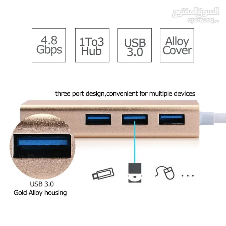 Convert Type-C3.0 to 3 Ports HUB with Gigabit Ethernet Adapter هب تايب سي تو يو اس بي  يدعم ماك بو-