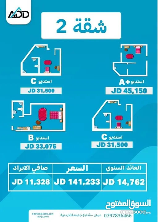 شقة استثماية للبيع تحتوي على 4 استديوهات منفصلات مع حمام و مطبخ خاص لكل استديو بجانب جامعة الاردنية