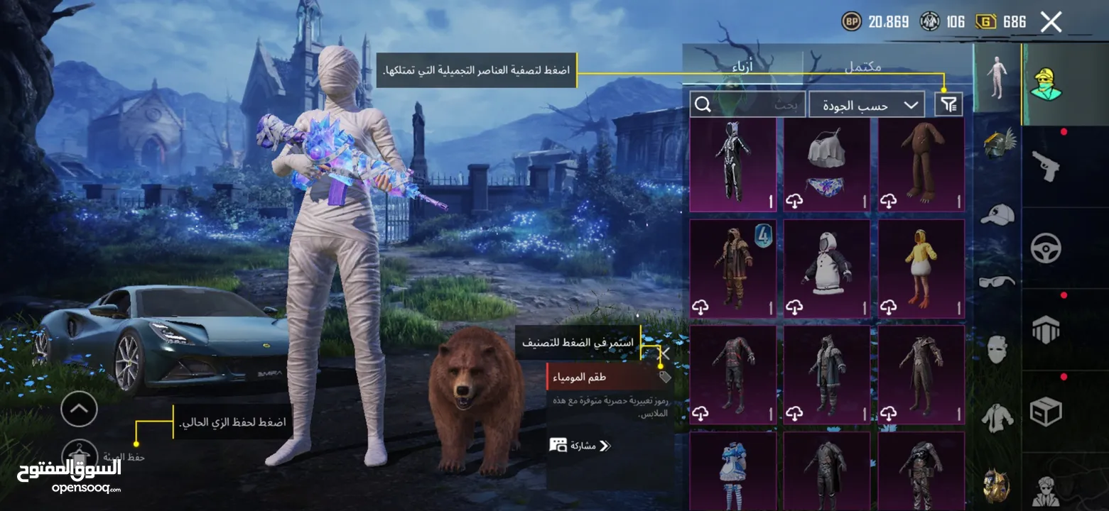 حساب ببجي نادر جدآ جميع مميائات + اسحلة كل لبسة ممياء وهناك كثير من بكجات مثل بكج سيارات