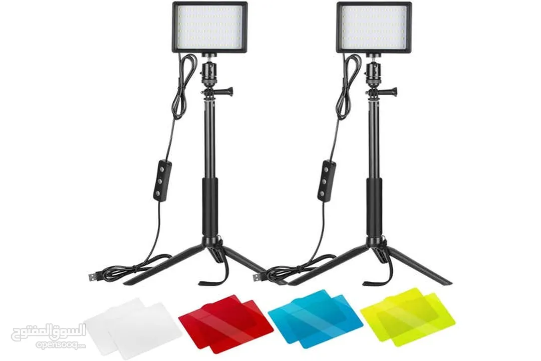 2 حزمة من مصابيح فيديو LED USB 5600K قابلة للتعتيم مع حامل ثلاثي القوائم قابل للتعديل ومرشحات ألوان