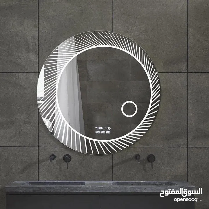مرآة LED الذكية – إضاءة مميزه جدا ،  تشغيل كهرباء، كبسة لمس، قطر 70 سم.  متوفرة بإطار ذهبي أو بدون