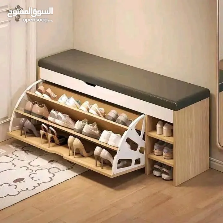 خزانة أحذية مع مقعد مريح – قطعة عملية وعصرية بقطعة واحدة رف قلاب واسع + أرفف جانبية لترتيب وتنظيم .