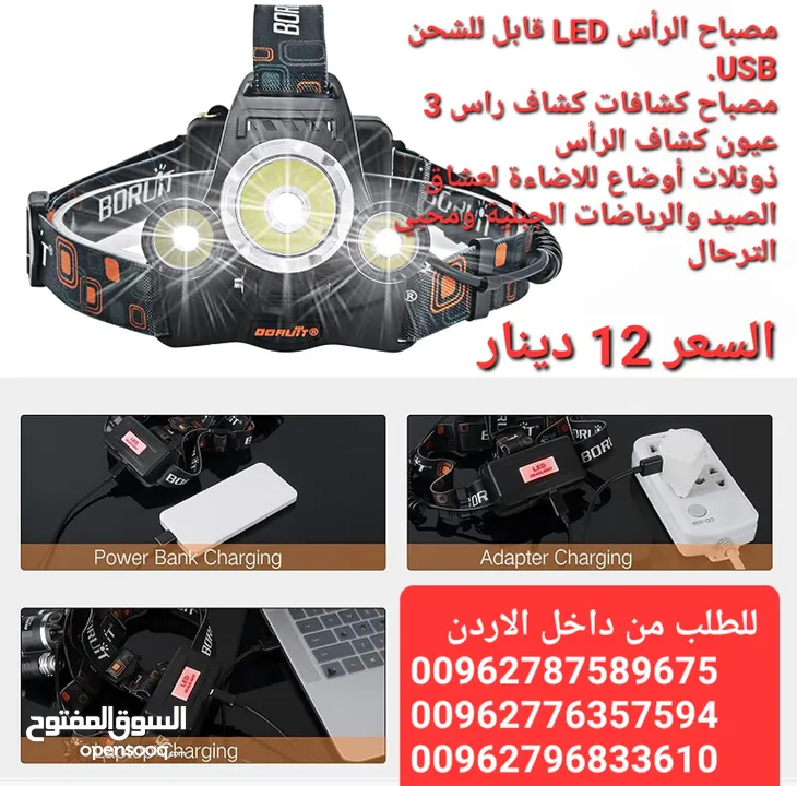 مصباح الرأس LED قابل للشحن USB.  مصباح كشافات كشاف راس 3 عيون كشاف الرأس  ذوثلاث أوضاع للاضاءة لعشاق