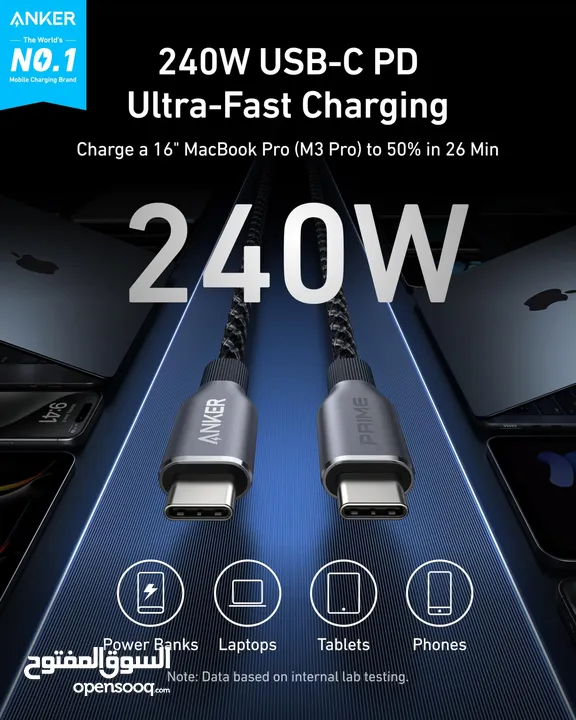Anker Prime USB-C to USB-C Cable (240W, Upcycled-Braided) Style: 3 ft -NEW -MEAGByte