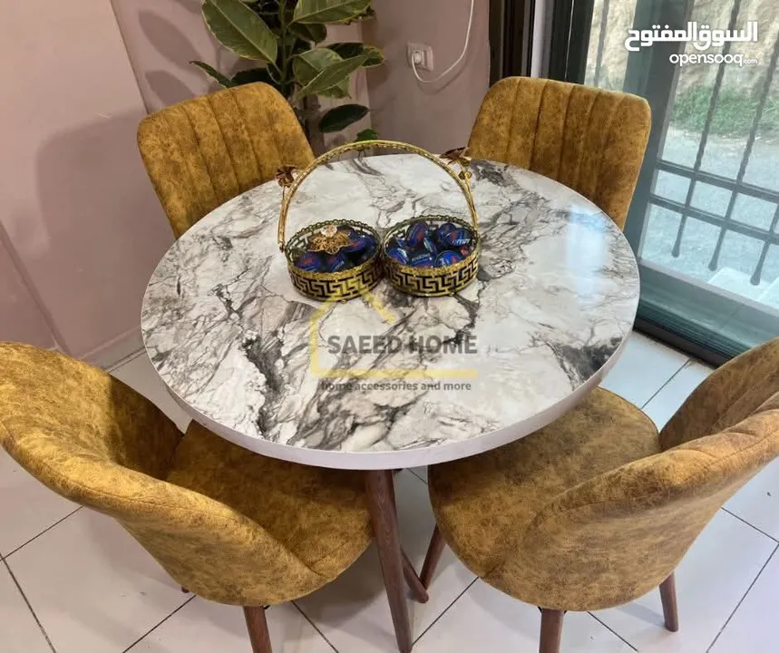 طاولة سفرة دائرية مع 4 كراسي سطح الطاولة خشب ملبس فورمايكا – مقاوم للخدوش وسهل التنظيف