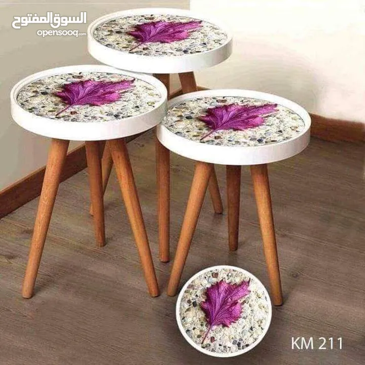 طاولات سرفيس 3D  زجاج حجم الكبير قطر 40سم نظام تركي  متوفر الوان  3 قطع