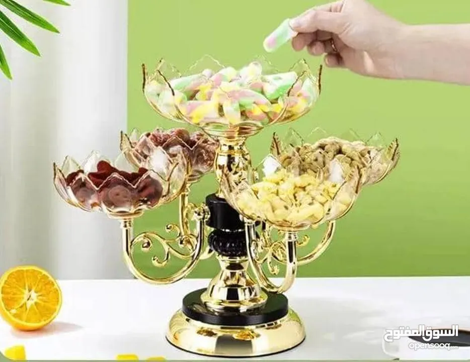 ستاند شيال حلويات ومكسرات ملكي ذهبي دوار 360 درجة دوران شكل وردة 5 خانات ملكي
