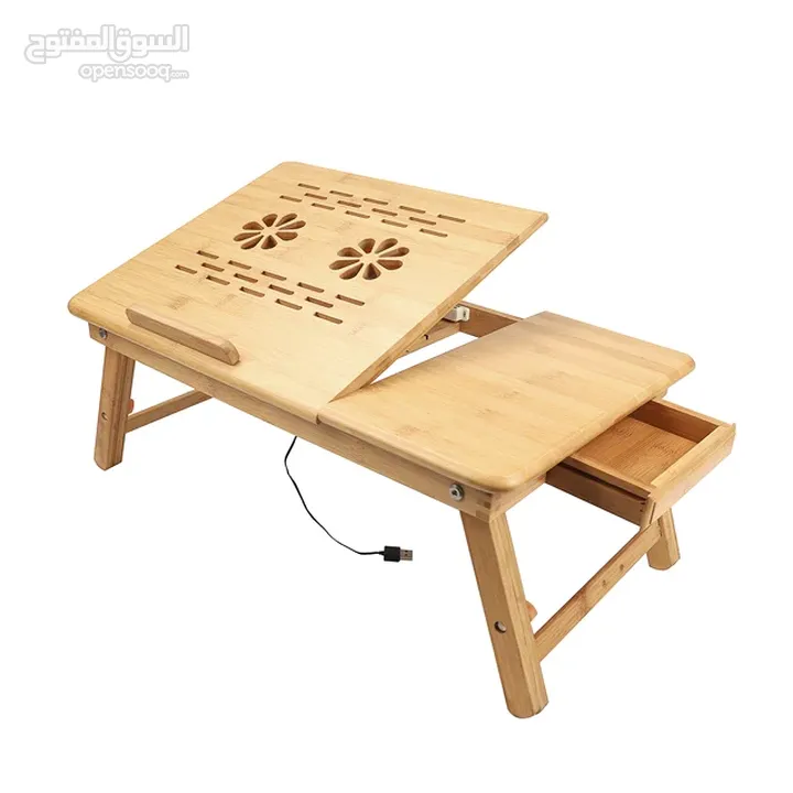 طاولة ومروحتين لتبريد لابتوب مصنوعة من الخشب الزان