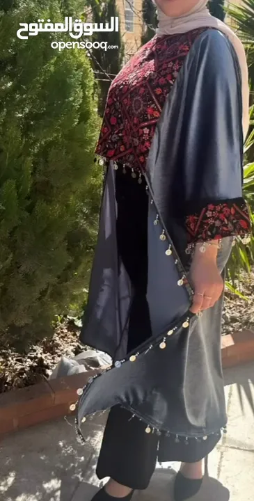 Dark Navy Abaya with Traditional Red Palestinian Embroidery - Free Size