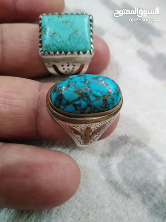 خاتم فضة 925 حجر الفيروز الأزرق الطبيعي فحل سعر الخاتم الواحد 35دينار