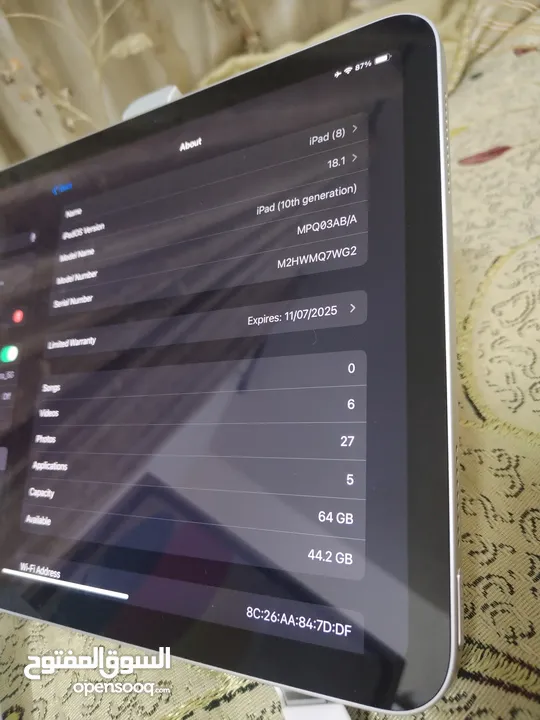 ايباد الجيل العاشر iPad(10 Wi-Fi 64GB كفالة ؛ 2025/07/11 بطارية 99%