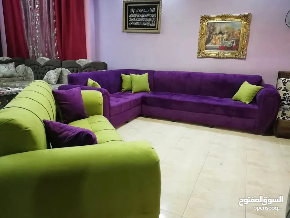 تنجيد كورنر حرف L مع كنبة مزدوجة مع إمكانية اختيار الاقمشة والألوان والتفصيل حسب الطلب