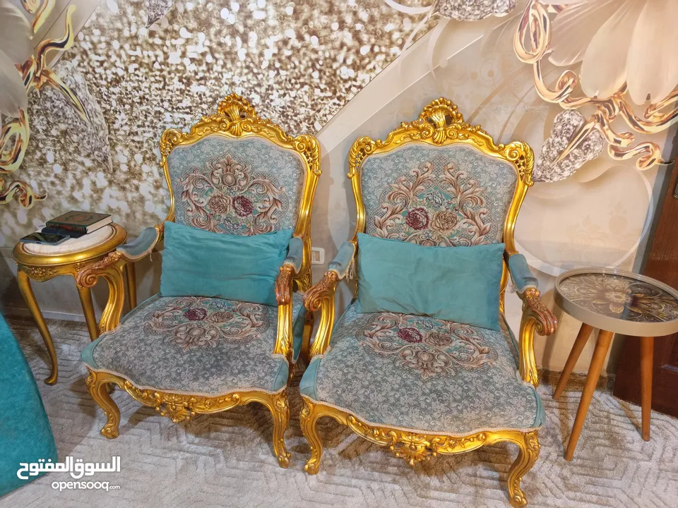 خشب زان طقم كنب فاخر بلون (فيروزي +ذهبي)مصري خشب زان