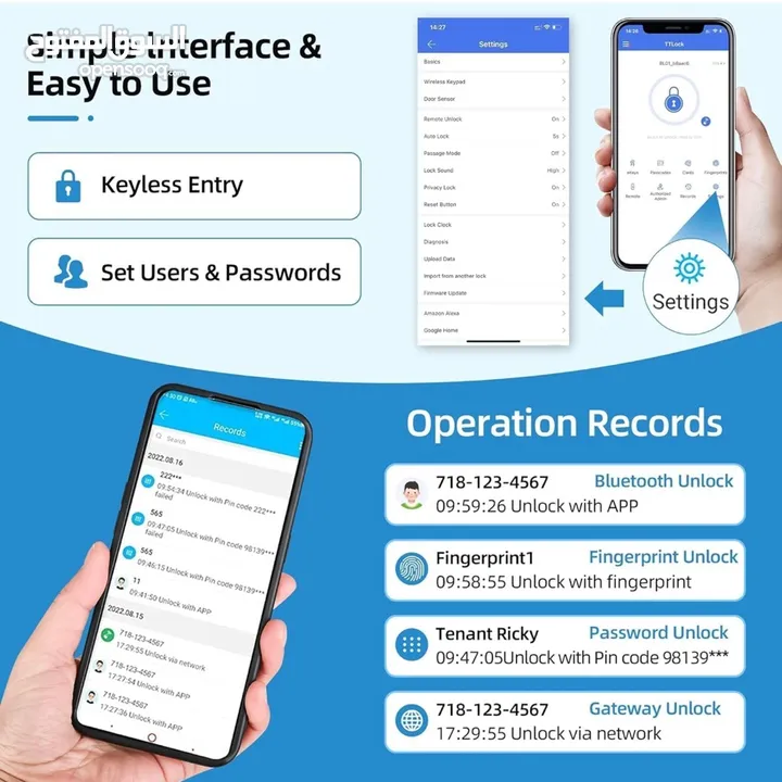 قفل ذكي ‏Razuvious، قفل باب ببصمة الإصبع،قفل دخول بدون مفتاح، تطبيق مجاني، بطاقة IC، للمنزل والمكتب
