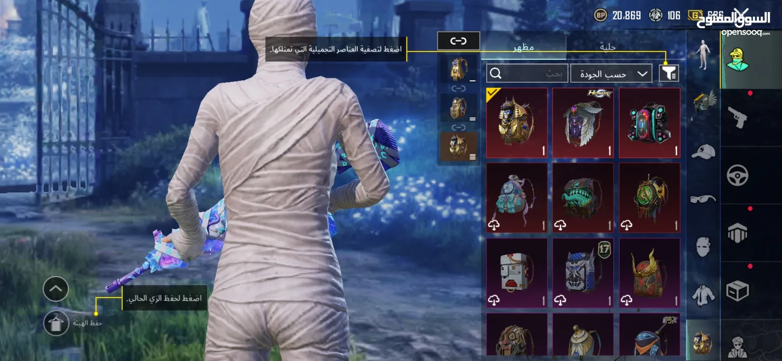 حساب ببجي نادر جدآ جميع مميائات + اسحلة كل لبسة ممياء وهناك كثير من بكجات مثل بكج سيارات