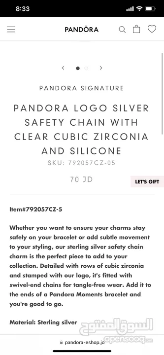 PANDORA SIGNATURE  PANDORA LOGO SILVER SAFETY CHAIN WITH CLEAR CUBIC ZIRCONIA AND SILICONE