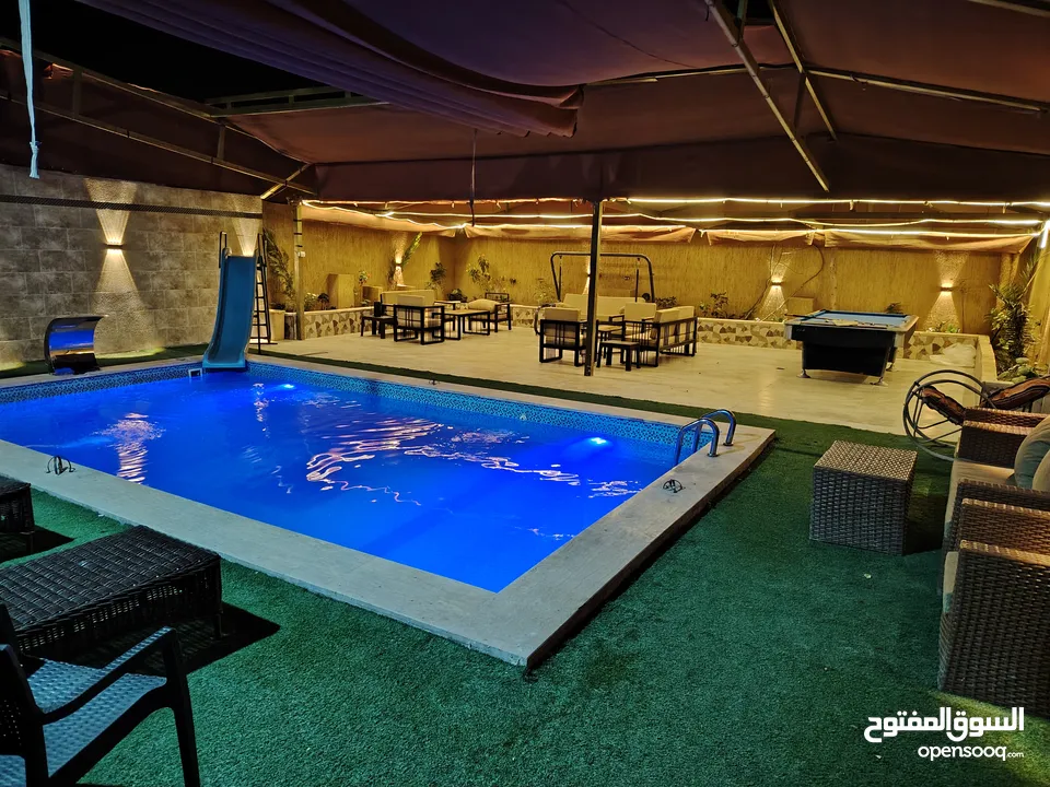 شاليه و مزرعه للايجار بالغور 50 دينار مسبح مدفأ 4*8 بدون عربون مع بلياردو و ترامبولين