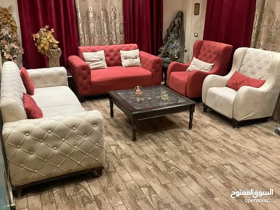 طقمين كنب 7 مقاعد خشب سويد وأرجل زان وجلسة مغربية 14 المقعد