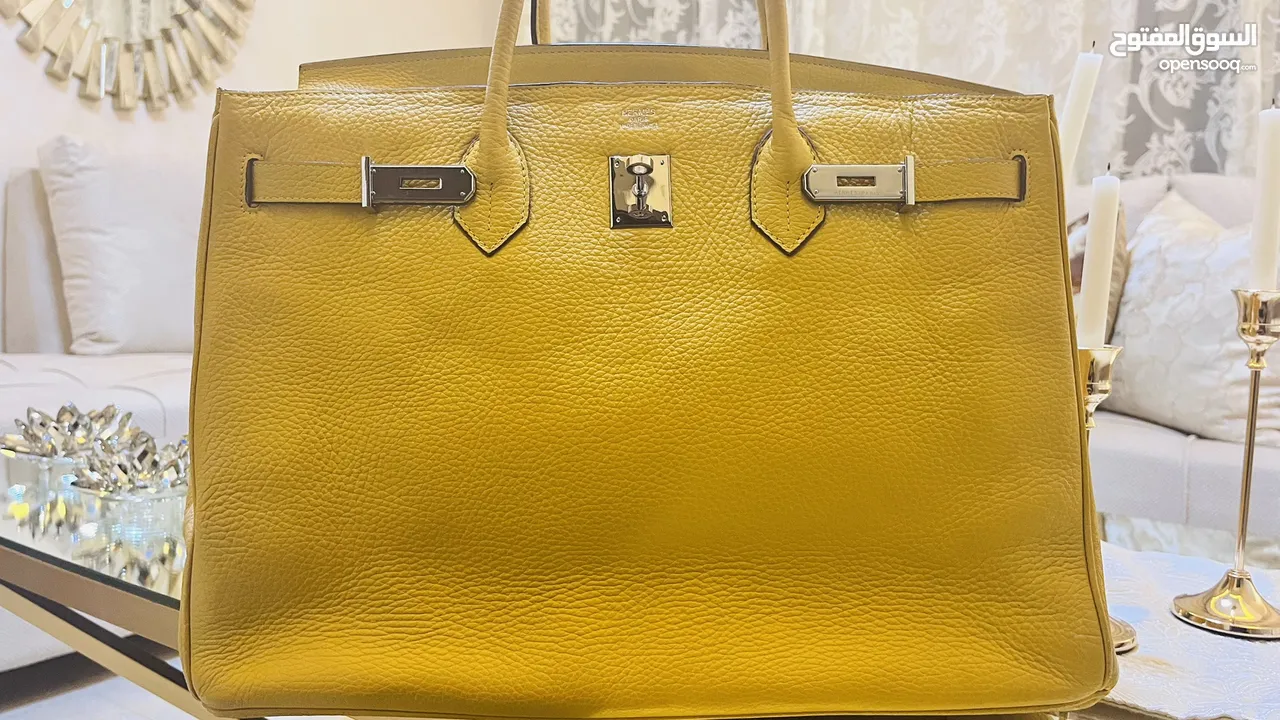 حقيبة اليد الفاخرة أصلية فرنسا ماركة هيرميس بيركن Hermes Jaune Ambre Birkin 35 Clemence  Leather Bag