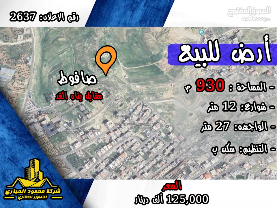 رقم الاعلان (2637) ارض سكنية للبيع مقابل بناه الغد