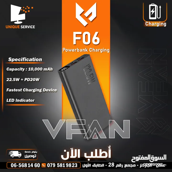 باور بانك VFan F06 شاحن سريع بسعة 10000mAh مع مؤشر، مثالي لشحن الأجهزة بسرعة وكفاءة.