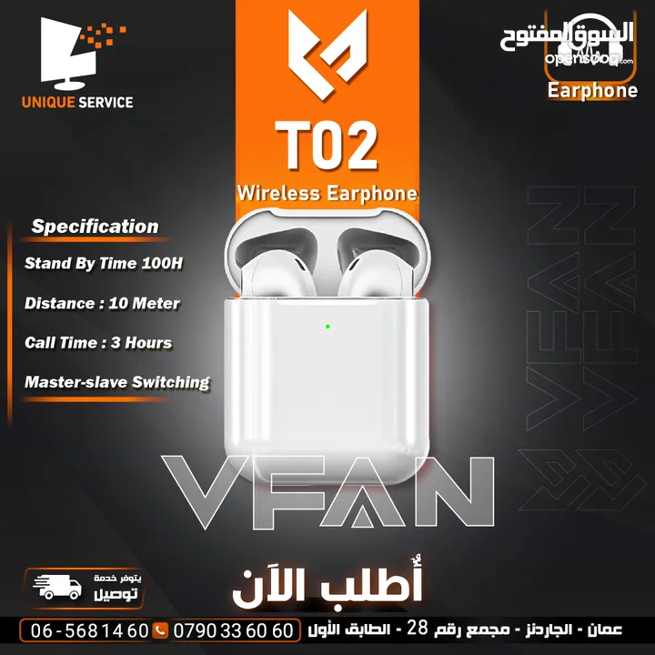 سماعه اذن اصلي وايرلس تعمل 5 ساعات عمل متواصلة Wireless VFan T02 Earphone