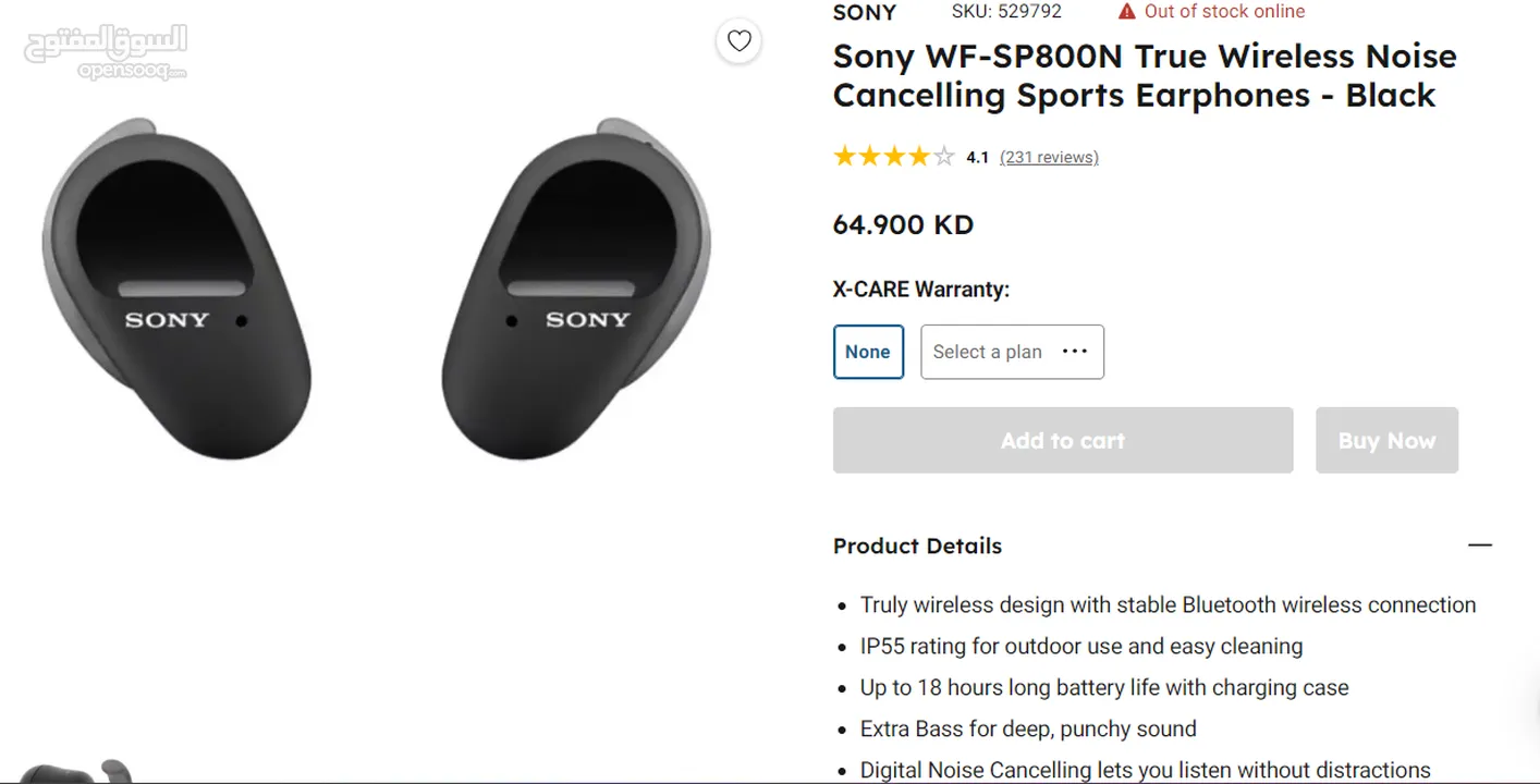 Sony WF-SP800N True Wireless Noise Cancelling Sports Earphones - Black