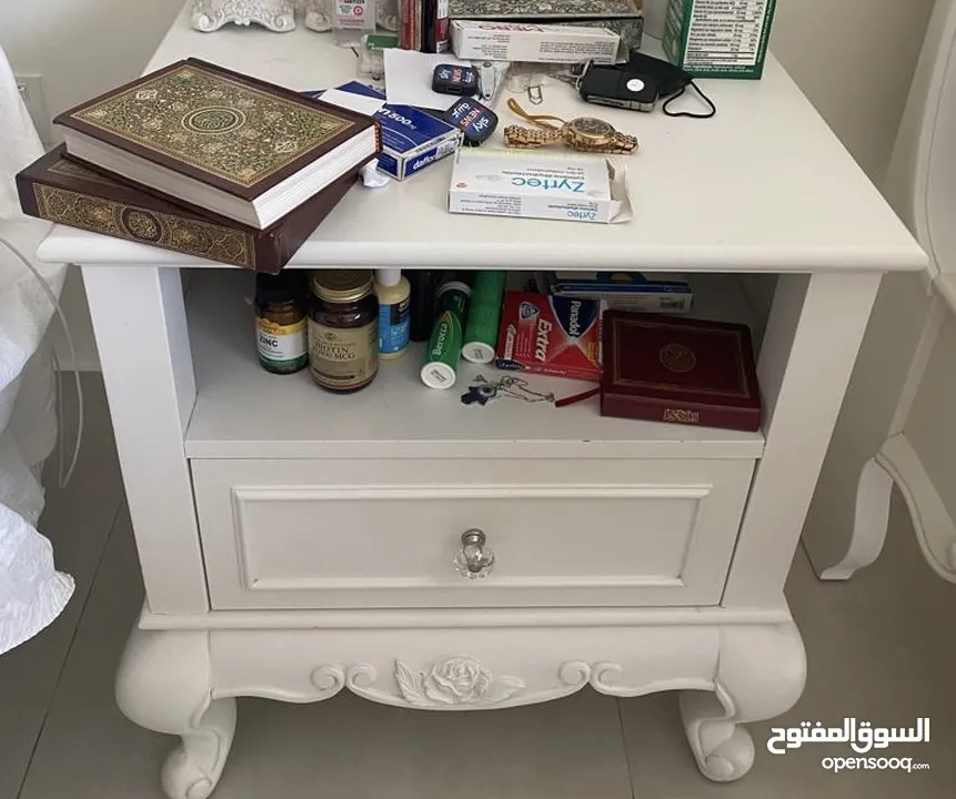 White Queen-Sized Bed, Mattress, 1 Drawer Nightstand, Shoe Cabinet and Cupboard for Sale / 1300 AED