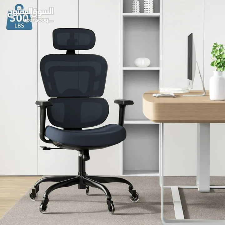 كرسي مكتب Lioncin Ergonomic،، كرسي كمبيوتر يدعم أسفل الظهر مع عجلات ومسند ذراع قابل للتعديل