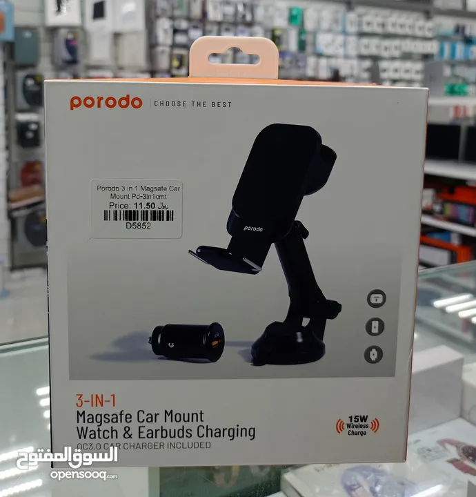 PORODO 3 IN 1 CAR MOUNT WATCH & EARBUDS CHARGING