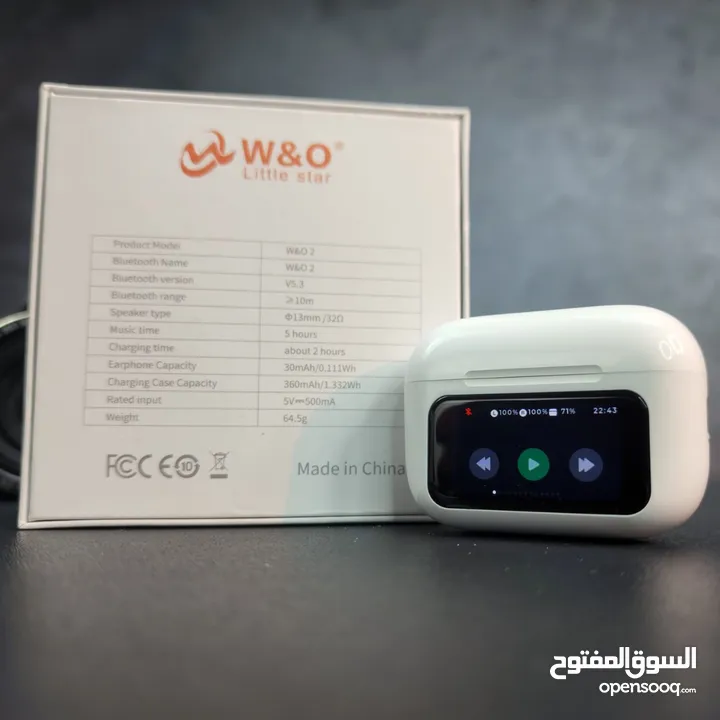 ايربود لاسلكي W&O2 بشاشة تاتش وعزل ضوضاء (ANC) - بلوتوث 5.2 وصوت عالي الجودة بتصميم TWS