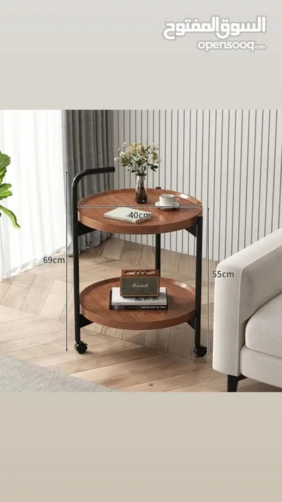 طاولة جانبية متحركة مع بكرات – طاولة قهوة دائرية  طاولة قهوة صغيرة بعربة من طبقتين بتصميم