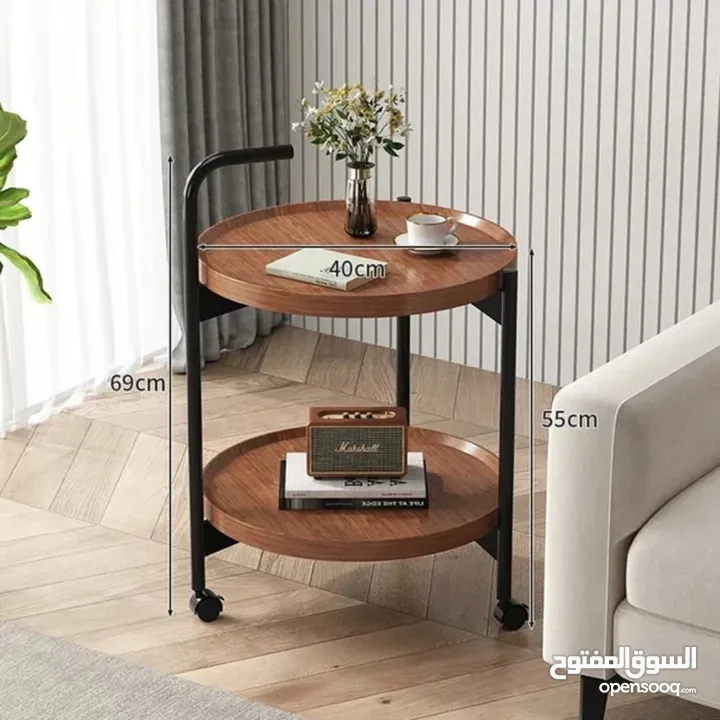 طاولة جانبية متحركة مع بكرات – طاولة قهوة دائرية  طاولة قهوة صغيرة بعربة من طبقتين بتصميم