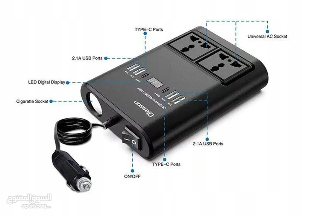 محول كهربائي للسيارة بقدرة 150 وات ومنافذ USB متعددة يمكنك استخدامه لتشغيل أو شحن أجهزة مثل الابتوب